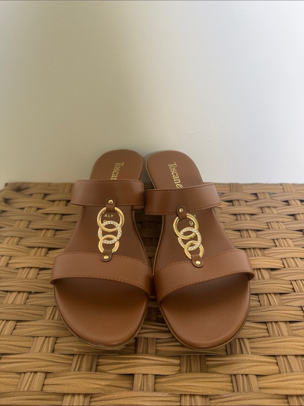 Brown Leather Slide Sandals with Gold Accent